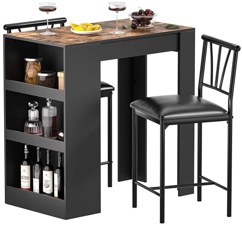 VECELO Ensemble Table de Bar Industriel avec 2 Chaises Rembourrées, Table avec 3 Étagères de Rangement pour Salle à Manger, Cuisine, Salon, Bistrot, Marron