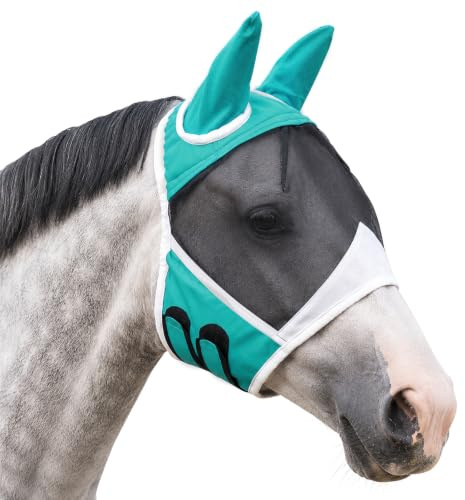 FainFun Flugmask häst varmblod, flughuva häst med öron (blågrön, L)