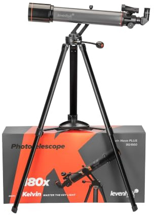 Levenhuk Kelvin Nova PLUS 90/660 Fototeleskop 2-i-1: Smartphone Teleskop & Tubkikare, Professionell Refraktor med Altazimutmontering, för Solsystemets Planeter & Markobservation | Smartphone Teleskop & Tubkikare, Professionell Refraktor med Altazimutmontering, för Solsystemets Planeter & Markobservation