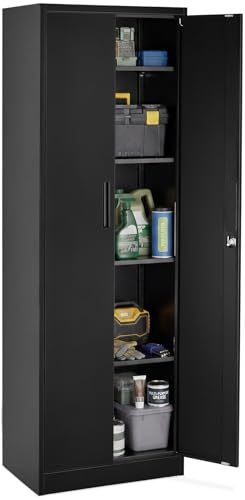 tectake® Armoire à dossiers 60x40x180.5 cm, Portes à Fermeture magnétique verrouillables, 4 étagères réglables, Armoire de Bureau en Acier thermolaqué, Meuble de Rangement Dossiers, Classeurs - Noir