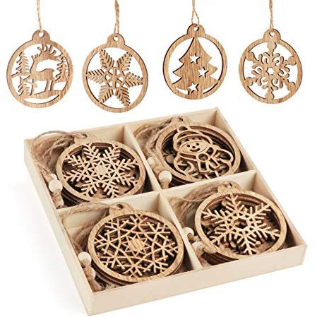 Anstore Weihnachtsanhänger, Holz Christbaumschmuck Dekoration in Holz-Box für Weihnachtsbaumschmuck, 12 Stück