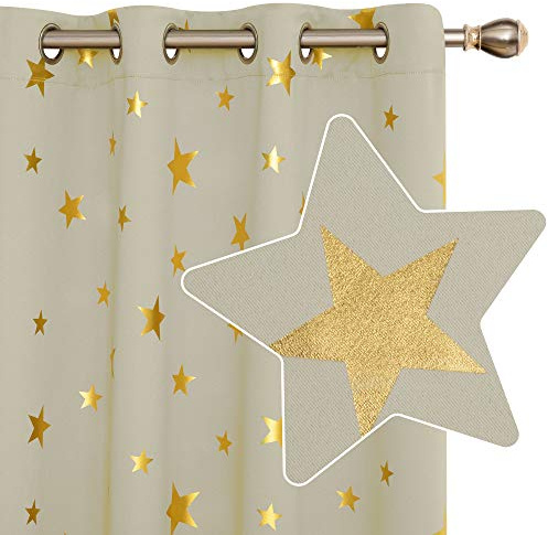 Deconovo Nersery Ring top Blackout Curtains Thermal Insulated Noise Reducing Gold Star foil Printed Curtains for Living Room, 46 x 90 Inch(Width x Length), Beige, 2 Panels