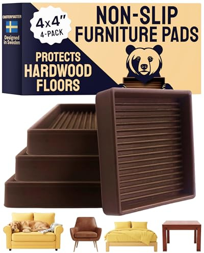 CasterMaster Non-Slip Furniture Pads for Hardwood Floors - 4 x 4 Brown Pack of 4 - Anti-Skid Rubber Caster Cups - Table Leg Protectors & Rubber Feet for Chairs