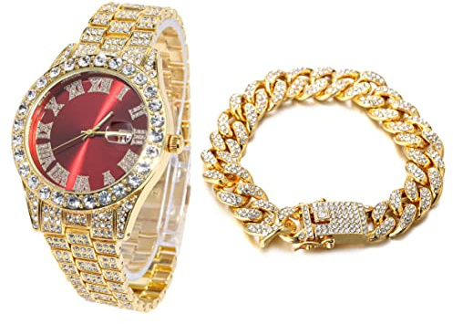 HALUKAKAH Diamanti Orologio Oro, Uomo Placcato Oro Reale 18K 42MM Largo Rosso Componi Quarzo Cinturino 24cm con Link Cubano Catena 20cm Bracciale Set, con Scatola Regalo