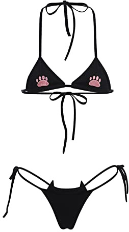 ABAFIP Lindo Conjunto de lencería Kawaii de Anime para Mujer, diseño de Gatito, Micro Bikini con Tirantes, Brasier pequeño, Mini Bragas, Traje de baño Extremo, Negro 02, Talla única