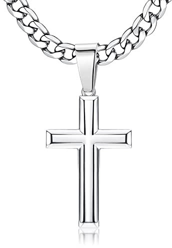 Chriscoco 925 Sterling Silber Kreuz Anhänger Halskette für Herren Damen Edelstahl Diamantschliff Figaro Kreuz Kette Halskette Poliert Abgeschrägten Kanten Kreuzanhänger Halskette