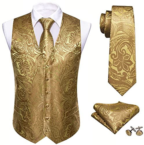 Barry.Wang Paisley herrkostym väst siden formell/fritid v-ringad jacquard väst slips set, Guld, XL