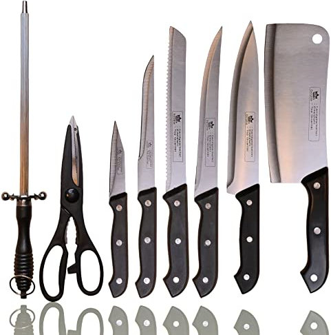 DS-Lux Premium 9-teiliges Messerset mit Holzbrett - Ausbeinmesser, Hackbeil, Universalschere, Filetmesser, Brotmesser, Fleischmesser, Kochmesser, Wetzstahl und Holzbrett