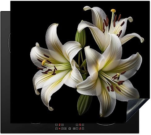 KitchenYeah© Cubre Vitrocerámica - Protector Vitroceramica Induccion 60x52 cm - Tapa Vitroceramica - Protector de Vitroceramica Lirio - Flores - Blanco - Naturaleza - Botánico