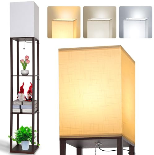 Aimosen LED Lampada da Terra in legno, Marrone Lampada da Pavimento con Ripiano, Retrò Lampada da Comodino con Paralumi e Lampadina E27 (3000 K-5000 K) per Soggiorno Ufficio Corridoio Angolo