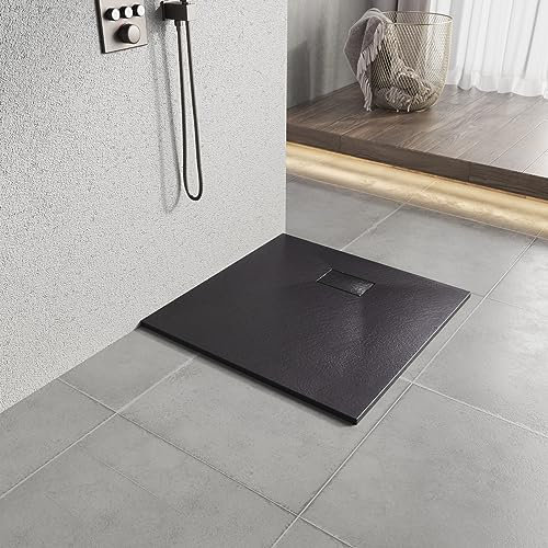 Heilmetz Plato de ducha 80x80x2,6cm Plato de ducha de cristal efecto piedra-ReSine SMC para mamparas de ducha, Negro