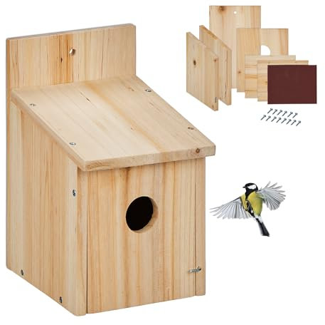 Relaxdays Nistkasten Bausatz für Vögel, 35mm Einflugloch, HBT: 23x14x18 cm, Vogelhaus zum selber Bauen, Holz, Natur