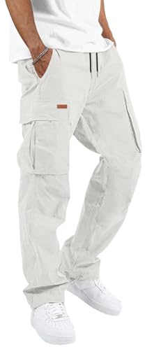 TARAINYA Pantalon Cargo Homme Coton Sergé Long | 97%Coton,3%élasthanne;Coupe Ample;Taille élastiquée Avec cordon De Serrage;2 Poches Latérales à Bouton-pression