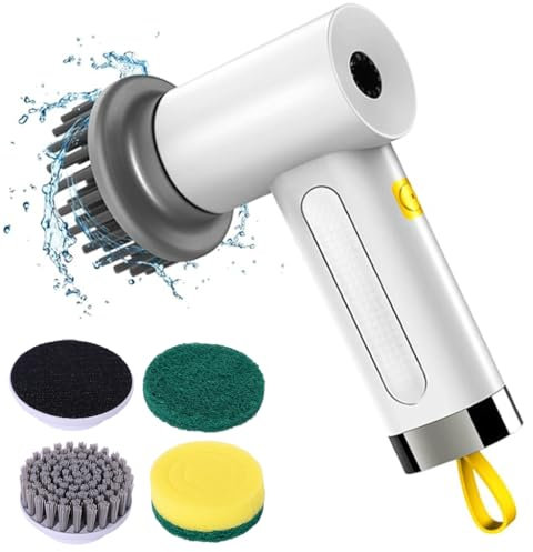 Hqynss Elektrische Reinigungsbürste, Handheld Spin Scrubber mit 4 Bürstenköpfen, 2 Modi für Tiefenreinigung von Bad, Küche, Fliesen, Fugen, Glas und Reifen – LED-Anzeige