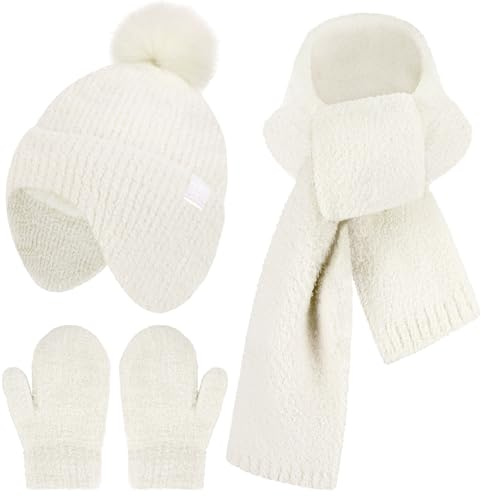 Bequemer Laden Niños Invierno Gorro Pompones Guantes Bufanda Conjunto Regalo Bebe para 0 6 12 Meses 1 2 3 4 Años Niñas Niños con Orejeras Cálidas