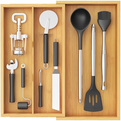 Lifewit Cutlery Drawer Organiser, 3 Compartment Cutlery Tray Bamboo Kitchen Utensil Tray, 3 Sections Flatware and Silverware Holder, Wood Adjustable Storage for Spoons Forks Knives, Natural