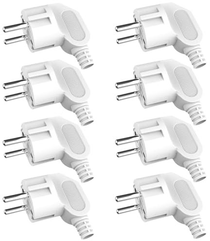 Asfrode 8 Stücke Schuko Stecker, 250V 16A Stromstecker mit Knickschutztülle und Zugentlastung Winkelstecker für Den Innenbereich Schutzkontakt Spritzwassergeschützt Langlebig Bruchfest (Weiß)