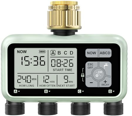 Johgee Bewässerungscomputer 4 Ausgängen mit Messingeinlass, Digitaler Bewässerungsuhr mit Regenverzögerung, Automatische/Manuell Bewässerungssteuerung Wasserzeitschaltuhr für Garten Rasen