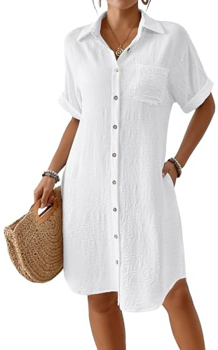 Bsubseach Womens Swimsuit Coverup Long Button Down Bathing Suit Cover Ups Short Sleeve Summer Beach Shirt Dress with Pockets White M