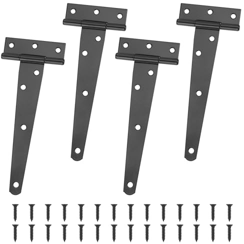 4 Pezzi Cerniera a T Nera Resistenti Cerniera Porta Esterna per Cancello, 150 mm, Zincate, con Vite di Montaggio, per Porte, Finestre, Casette da Giardino, Fienili