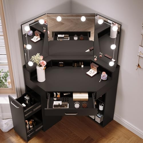 SONNI Stort sminkbord 110cm med 3-färgad LED-spegel, kosmetikbord med trippelspegel, stor låda, utdragsskåp & hyllor, toalettbord för sovrum, 110x54x141,5cm, svart