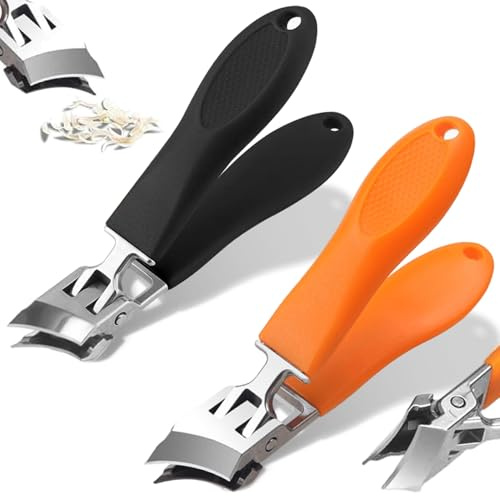 Curved Nail Clippers Wide Mouth Design - Anti-Splash Slanted Nail Clipper for Thick Hard Nails, Professional Grade Toenail Clippers, Orange+Black 2PCS