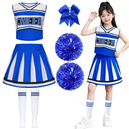 Hamanasu Costume de pom-pom girl pour enfant - Costume de pom-pom girl pour fille avec pompons et chaussettes - Halloween - Carnaval - Bal masqué - Fête à thème, 140 cm
