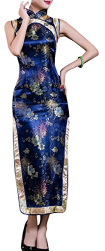 XueXian(TM) Femme Rétro Elégant Cheongsam Qipao Long sans Manche Robe de Soirée Mariage Chinois Traditionnel en Brocart (38-40/Asie XL, Bleu)