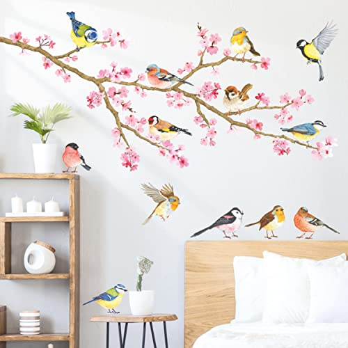 DECOWALL WL2-1904N Cherry Blossom & Garden Birds Kids Wall Stickers Decals Peel and Stick Removable for Nursery Bedroom Living Room Art murals Decorations
