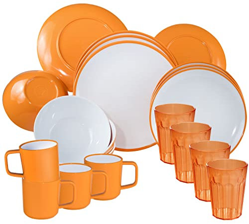 Camping Geschirr Set aus Melamin und Glas Set für 4 Personen - 20 Teile - Campinggeschirr - gelb weiß - mit Trinkglas 450 ml - Gläsern - Anti-Slip-Tassen