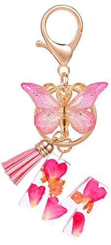 MWOOT Letter Keychain Initiale Buchstaben-Schlüsselanhänger,Alphabet Harz Blume Keyring mit Schmetterling Quaste Anhänger Handtasche Tasche Charm,Rosa Blütenblatt Key Chain für Frauen Mädchen(M)