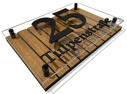 FLEXISTYLE Hausnummer-Schild Adressschild haus hauswand personalisiert holz eiche plexiglass 3d individuelles design (Lamellenmuster 1)