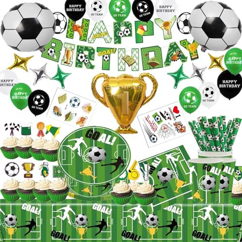 144pcs Décoration D'anniversaire de Football, Fournitures de fête pour le Football, Vaisselle Football Set, Decoration Anniversaire Football Garcon, Assiette Foot Anniversaire Tasses Nappe Ballons