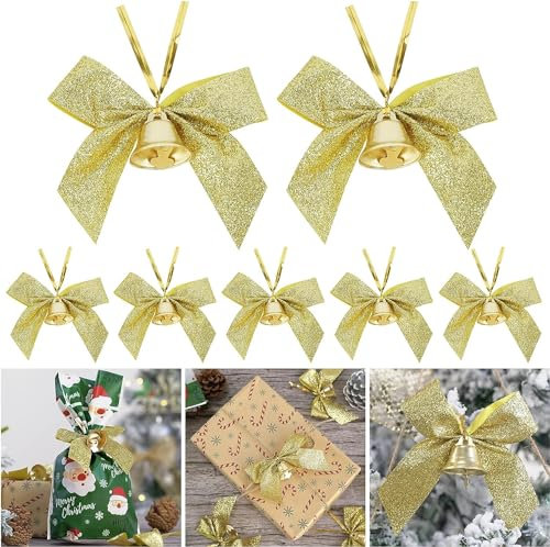 Zecouk Weihnachtsbaum Schleifen Weihnachtsschleifen 12 Stück Weihnachtsbaum Schleife mit Glocke Weihnachtsbaumschleife für Weihnachtsbaum, Weihnachtskranz, Geschenk Dekoration (Gold)