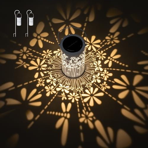 Freekite 2 Stück Solarlaternen für Außen, Metall Lampions Wetterfest für Garten mit Hirtenhaken, Solarlampen für Garten, Draußen, Tisch, Gartendeko, Balkon, Camping, Hof, Weg, Geschenke.