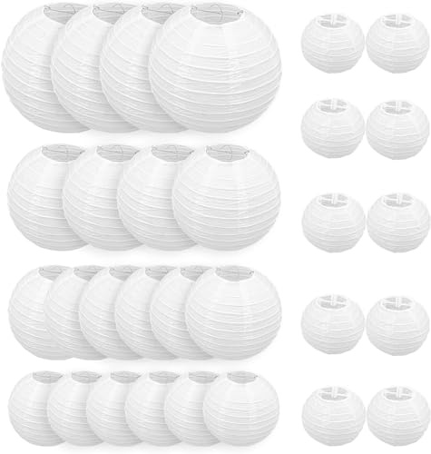 30 Pack White Paper Lanterns, Hanging Round Lantern Decorations for Wedding Rainbow Birthday Party Christmas Home Decor - Assorted Round Sizes (4,6,8,10,12)