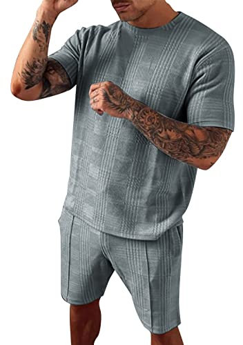 Chap Suit Herren Sommer 2-teilig gestreift bedruckt Kurzarm Shirts & Shorts Hosen Sets Metallic Anzugjacke für Herren, grau, XXXL