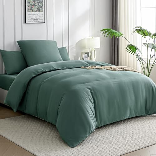JELLYMONI Biancheria da letto 135x200 cotone set biancheria da letto verde scuro Oeko-Tex 100% cotone lavato copripiumino con chiusura lampo e federa 80X80 con risvolto morbida biancheria da letto 2