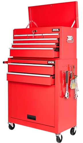 Excel 25 Roller Tool Chest Cabinet 8 Drawers Storage Toolbox Red - Rolling Toolbox with Wheels, Handle, Pegboard, Hooks, Lockable Design - Heavy-Duty Steel Construction