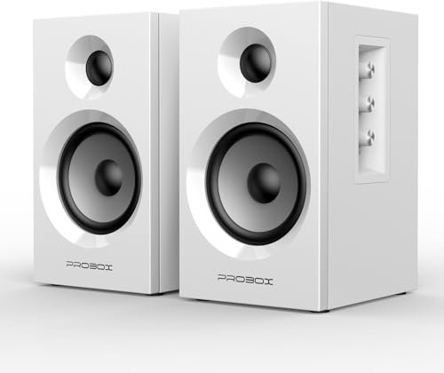 Probox BT16 aktiv högtalare för bokhylla 3,5 tums högtalare med 1 tums diskanthögtalare, 60 W RMS-Bluetooth 5.3, inbyggd 24bit DAC Dynamic 3D 2.0 surroundljud, datorspel PC-högtalare – vit