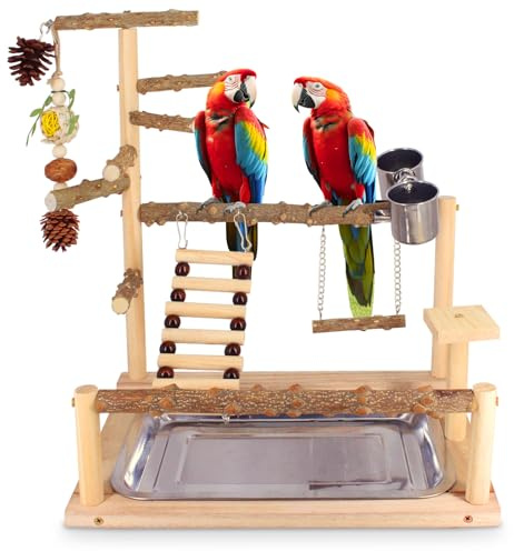 Bird Playground Natural Parrot Toys Perch Stand Cockatiel Swing with Chew Toys Parrot Platform with Feeder Cups Parakeet Playground Bird Cage Play Stand for Conure Parakeet Cockatiel