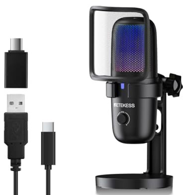 Retekess TG201 Gaming Mic, Streaming Microphone, RGB Indicator -Closeable, Dual Mic Capsules Array - HiFi Sound Quality, Plug and Play, 2 Pickup modes, Compatible with PC