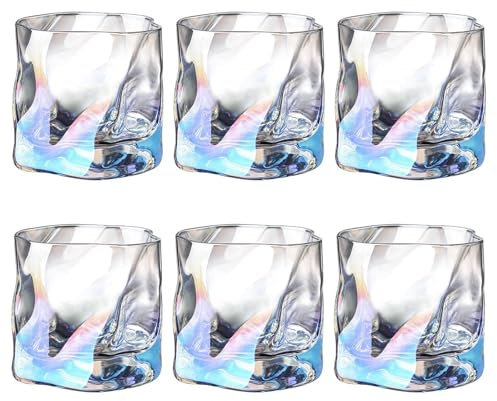 LOITTAINUE Lot de 6 verres 200 ml - Verres à whisky en cristal irréguliers - Verres à boire pour glace, cocktail, long drink, eau, thé, café, jus - Passent au lave-vaisselle (Multicolore)