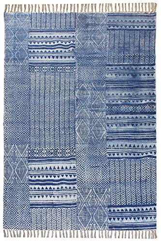 Handgefertigter indischer Teppich, handbedruckt, Baumwolle, 100 % Baumwolle, abstrakte blaue Teppiche, Kelim-Teppich, Baumwoll-Badematte, Flachgewebe, Teppich für Schlafzimmer, 90 x 300 cm