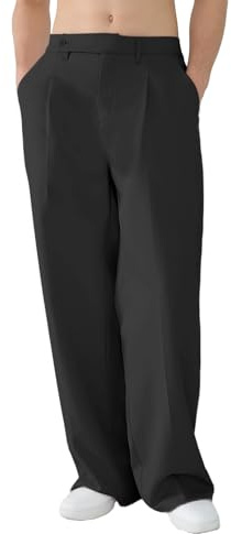 FEDTOSING Wide Leg Dress Trousers Men Pleated Baggy Casual Trousers for Men Relaxed Fit Lightweight Pants with Slant Pockets Black