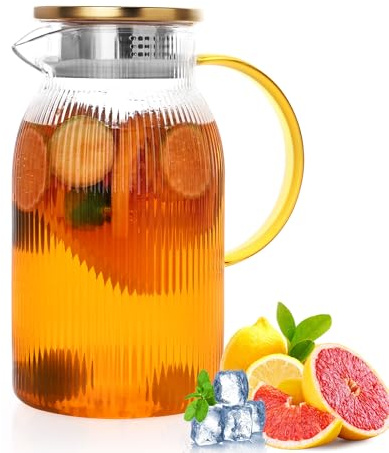 Ribbed Glass Pitcher With Lid and Spout, Glass Water Jugs With Handle, Water Carafe for Hot and Cold Beverage, Brew, Iced Tea, lemonade, Juice, Coffee, Milk, 1.4 Liter 47 Ounce, Borosilicate