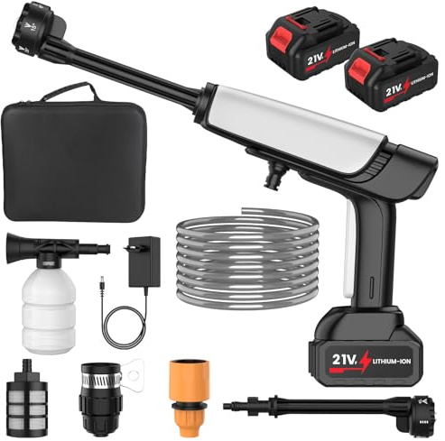 Idropulitrice a Batteria 50 Bar, Idropulitrice Portatile con 2 x 3.0 Ah Batterie, 6 In 1 Ugello, 2 Livelli di Pressione Regolabile, 6 L/min, Motore Brushless, per Auto, Giardino, Pavimenti e Esterni