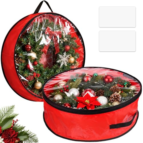 2 Pack Christmas Wreath Storage Bag, 24 Inch Large Waterproof Wreath Storage Container with Handle & Dual Zippers, Red Holiday-Décor-Storage Box for Xmas Season