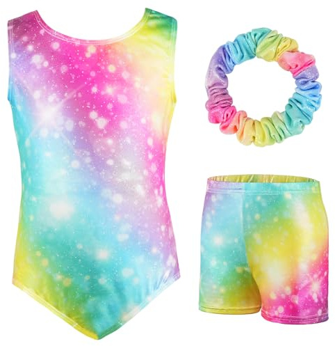 AOOWU Ensemble Gymnastique, 3PCS Justaucorps Gymnastique Enfant Brillant Couleur Dégradée avec Short et Bandeau, Costume Patinage Artistique Danse Ballet, Tenue de Spectacle Danse Latine Fille 5-8 Ans