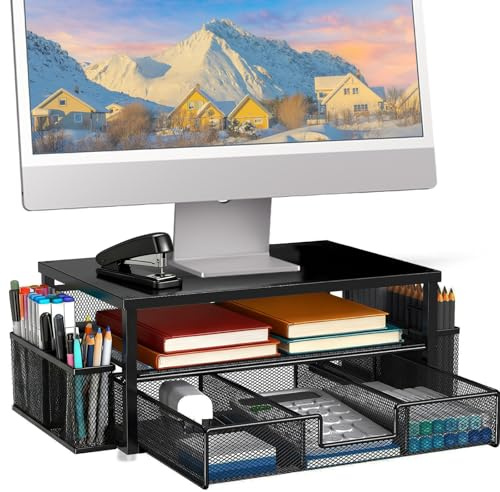 TempFoo Monitor Stand Riser, Office Desk Shelf, 2-Tier Metal Computer Stands Organiser, Home Desktop Organizer with Drawer and 2 Pen Holder - for Laptop Monitors PC Printer Notebook Accessories Black